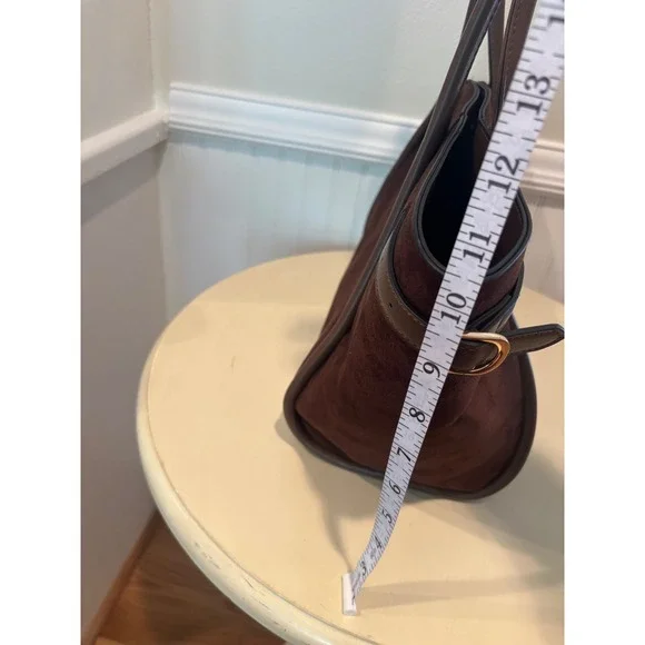 ASOS DESIGN Brown Faux Suede Tote Bag Tan Trim Gold Buckle Large Shoulder Bag - Picture 9 of 11